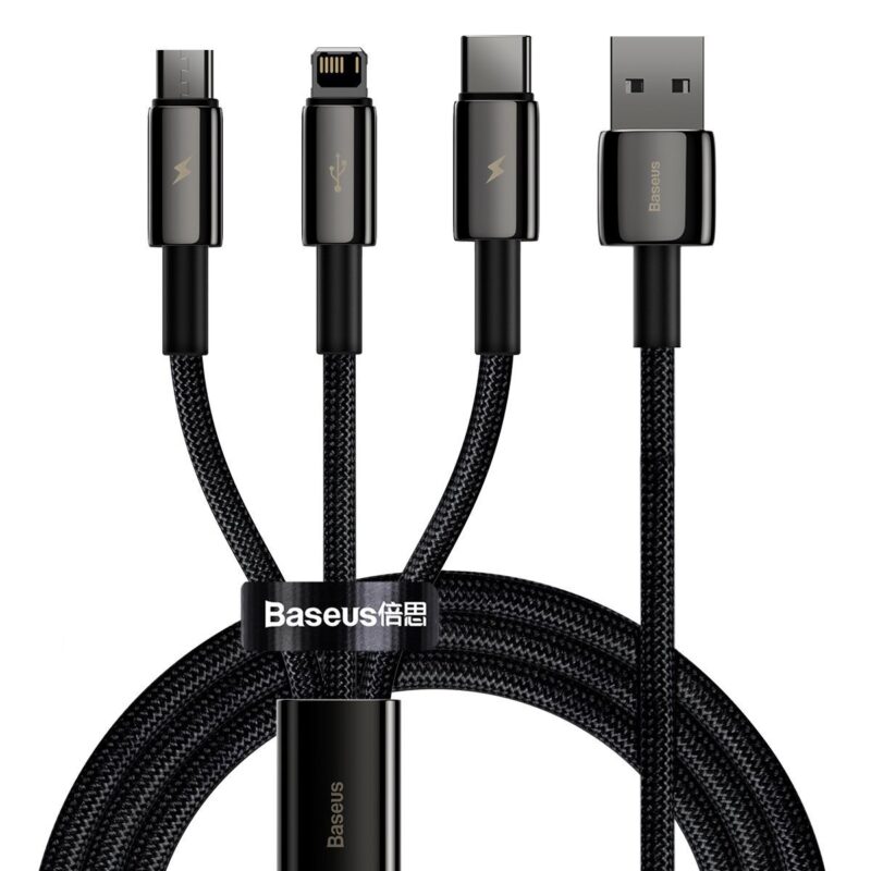 Kabel USB 3v1 Baseus Tungsten Gold, USB na micro USB / USB-C / Lightning, 3,5 A, 1,5 m (črn)