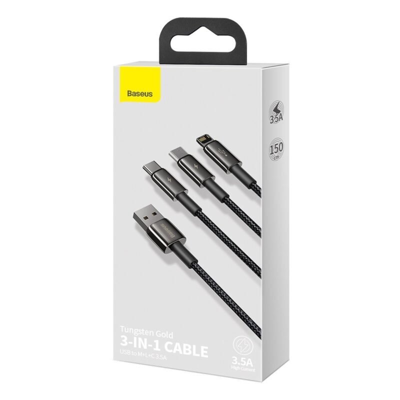 Kabel USB 3v1 Baseus Tungsten Gold, USB na micro USB / USB-C / Lightning, 3,5 A, 1,5 m (črn)