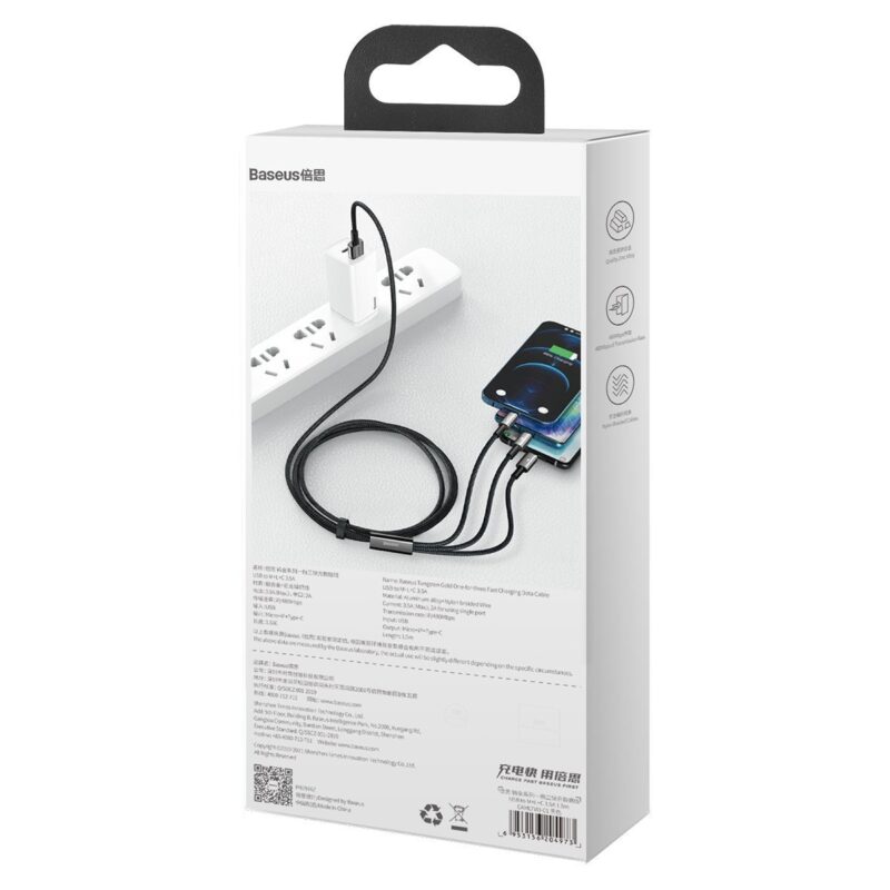 Kabel USB 3v1 Baseus Tungsten Gold, USB na micro USB / USB-C / Lightning, 3,5 A, 1,5 m (črn)